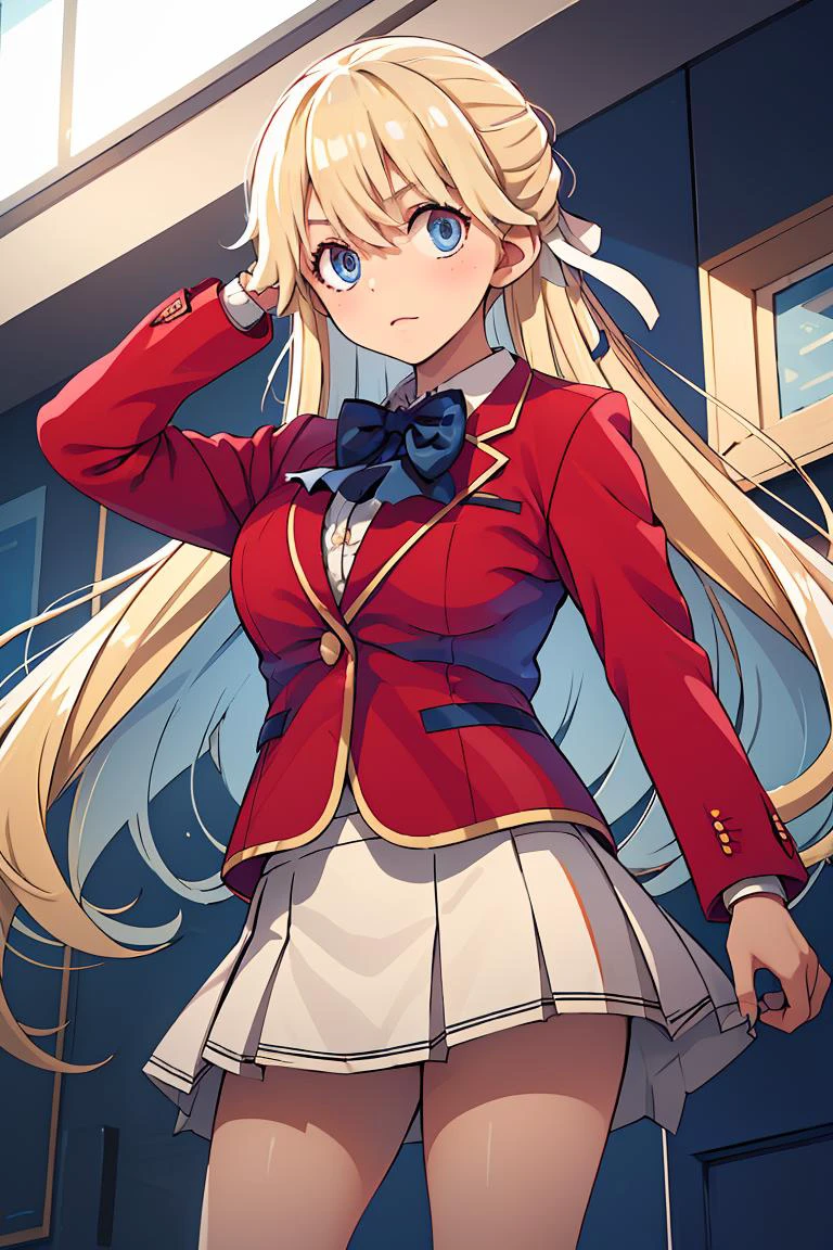 (masterpiece, best quality), 1girl, <lora:nanase_tsubasa_v1:1> 1girl, solo, long hair, blonde hair, hair ribbon, bangs, blue eyes, blue bowtie, collared shirt, blazer, red jacket, long sleeves, pleated skirt, white skirt