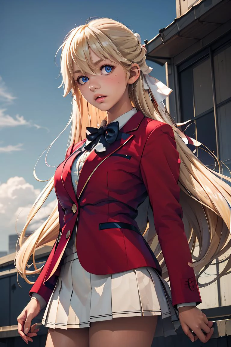 (masterpiece, best quality), 1girl, <lora:nanase_tsubasa_v1:1> 1girl, solo, long hair, blonde hair, hair ribbon, bangs, blue eyes, blue bowtie, collared shirt, blazer, red jacket, long sleeves, pleated skirt, white skirt
