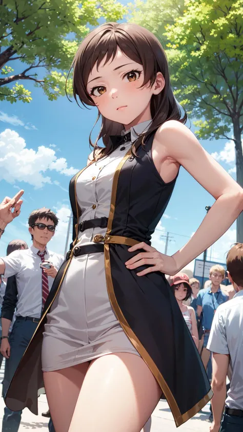 (masterpiece, best quality:1.4), looking at viewer, cowboy shot, shiho kitazawa, brown eyes, brown hair, sleeveless , outdoors, day, crowd, wave one hand, hand on hips, solo focus, <lora:shiho_kitazawa_v1:1>