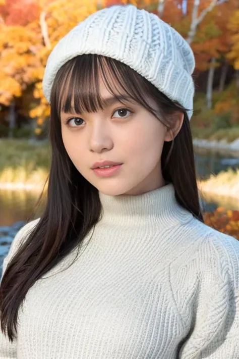 1girl,(wearing a turtleneck sweater)(wearing a wooly beret),(RAW photo, best quality), (realistic, photo-realistic:1.4), masterpiece, an extremely delicate and beautiful, extremely detailed, 2k wallpaper, Amazing, finely detail, extremely detailed CG unity 8k wallpaper, ultra-detailed, highres, soft light, beautiful detailed girl, extremely detailed eyes and face, beautiful detailed nose, beautiful detailed eyes,cinematic lighting,(in a beautiful forest ),(autumn scenery:1.3),(maple trees in autumn),(by a small rocky river),perfect anatomy,slender body,smiling <lora:houraimai_lora:1>