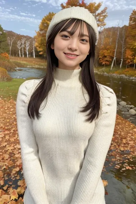 1girl,(wearing a turtleneck sweater)(wearing a wooly beret),(RAW photo, best quality), (realistic, photo-realistic:1.4), masterpiece, an extremely delicate and beautiful, extremely detailed, 2k wallpaper, Amazing, finely detail, extremely detailed CG unity 8k wallpaper, ultra-detailed, highres, soft light, beautiful detailed girl, extremely detailed eyes and face, beautiful detailed nose, beautiful detailed eyes,cinematic lighting,(in a beautiful forest ),(autumn scenery:1.3),(maple trees in autumn),(by a small rocky river),perfect anatomy,slender body,smiling <lora:houraimai_lora:1>