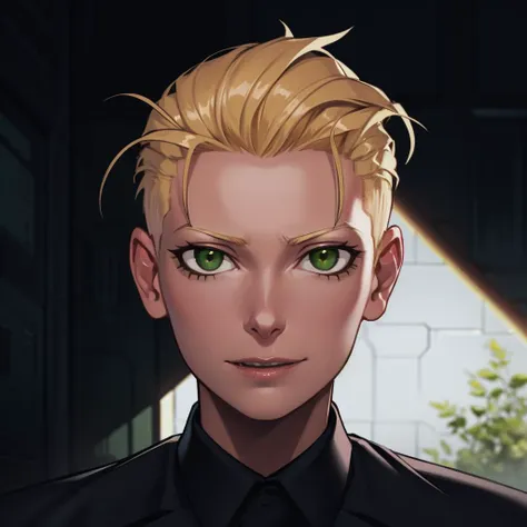 Best_QualityPos, RAW photo, intricate details, best quality, 8k uhd, soft lighting, 1girl, solo, short hair, blonde hair, (hair slicked back:1.4), green eyes, black collared shirt <lora:Tilda_Swinton:0.7> <lora:LowRA:0.6>