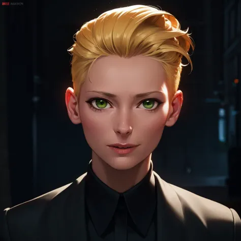 Best_QualityPos, RAW photo, intricate details, best quality, 8k uhd, soft lighting, 1girl, solo, short hair, blonde hair, (hair slicked back:1.4), green eyes, black collared shirt <lora:Tilda_Swinton:0.7> <lora:LowRA:0.6>