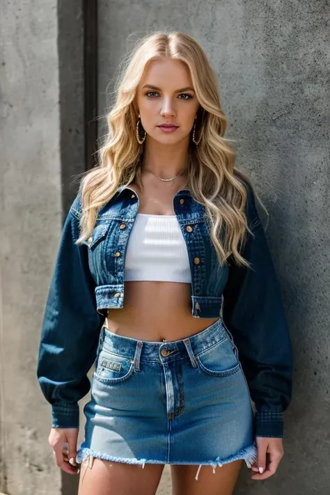 <lora:br1tn3ys:0.9>, a Realistic full body photo of br1tn3ys woman, 1girl, solo, long hair, blue eyes, skirt, blonde hair, navel, jewelry, earrings, midriff, bracelet, crop top, denim, hands on hips, realistic, navel piercing, denim skirt, professional Photography, Photorealistic, detailed eyes, RAW, analog, sharp focus, 8k, HD, DSLR, high quality, Fujifilm XT3, film grain, award winning, masterpiece