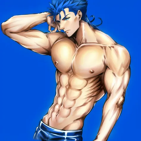 1boy, blue hair, cu chulainn \(fate\), shirtless, large pectorals