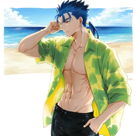 1boy, blue hair, cu chulainn \(fate\), standing in the beach, alternate costume, open shirt, earrings, ponytail, hawaiian shirt, red eyes