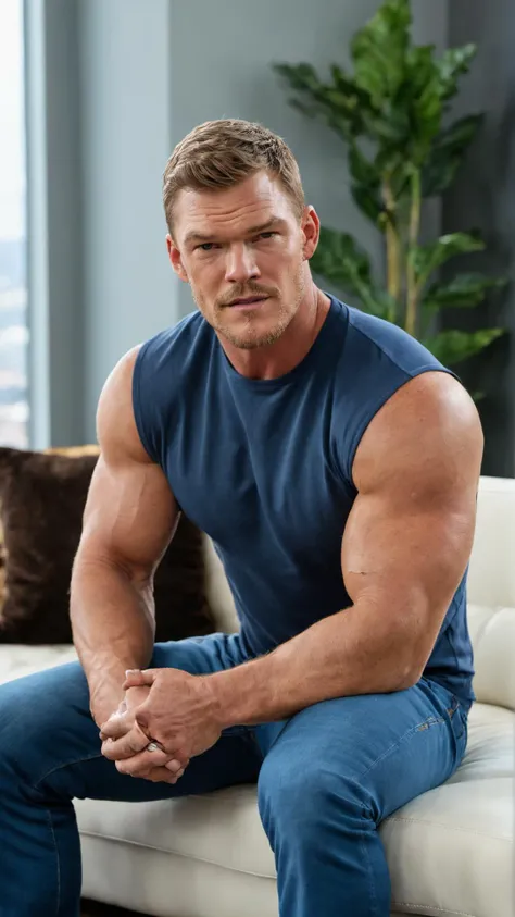 (handsome mature man), (50 yo), white man, wearing a tank top and sport shorts, bulge, (beefy:1.5), beard, looking at viewer, beautiful man, detailed eyes, symmetric face, sitting in couch, smirk, robust