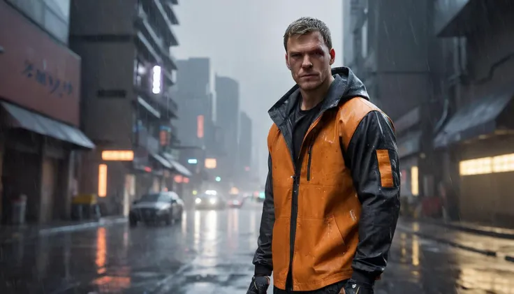 ohwx , ((cyberpunk)), ((ohwx man)) in cyberpunk orange and black techwear, looking at viewer, torrential downpour, rainy streets in the background, midnight, by Xiao Yuncong, samurai