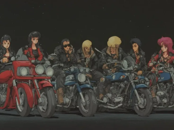 motorcycle gang, vintage anime style, bc <lora:bc:1.3>
