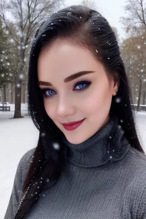 photo of a woman, ((turtleneck sweater, jacket, outdoors, snow)), smiling, (lipstick, blush, eye shadow), ((best quality, masterpiece, extreme details, high resolution):1.2),((detailed eyes, beautiful eyes, detailed face, beautiful face):1.2) <lora:annetta-07:0.6>, annetta,