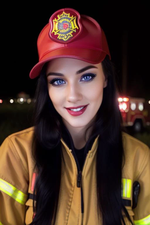 photo of a woman, ((outdoors, fire, at night)),((firefighter uniform, firefighter hat)) smiling, (lipstick, blush, eye shadow), ((best quality, masterpiece, extreme details, high resolution):1.2),((detailed eyes, beautiful eyes, detailed face, beautiful face):1.2) <lora:annetta-07:0.6>, annetta,