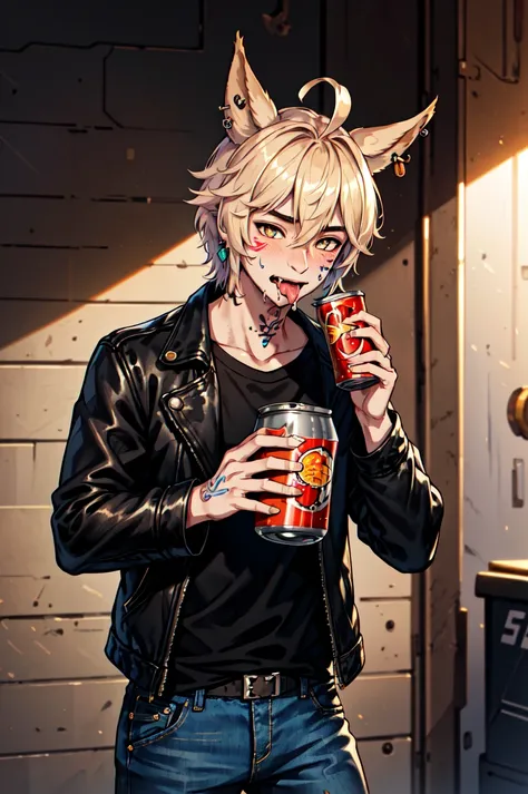 1boy, male focus, solo, Simple-Miqote Ahoge-HornballFace BadBoyVibes-GenderFree PringlesCanMAybe