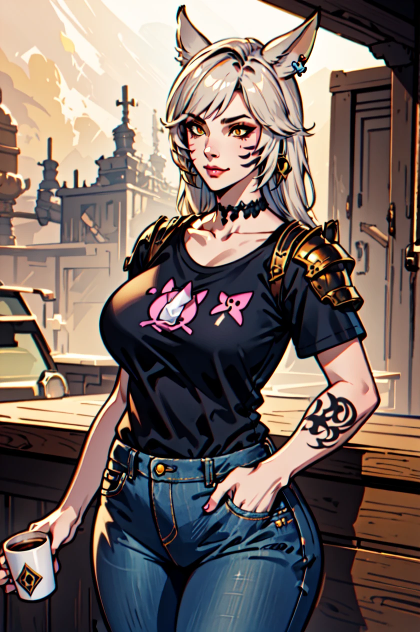 1 girl, solo, large breasts, HoldingACupofCoffee,tshirt, jeans, Simple-Miqote