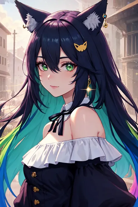 VictorianFoxGirl, rainbow hair, sparkling green eyes, detailed face, detailed eyes, official art,