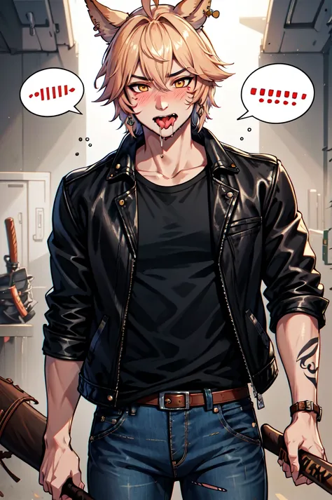 1boy, male focus, solo, Simple-Miqote Ahoge-HornballFace BadBoyVibes-GenderFree beatyou-up-meme