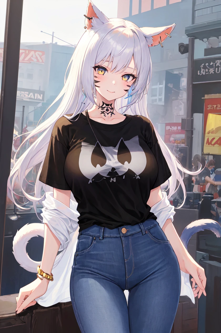 1 girl, solo, large breasts,tshirt, jeans, Simple-Miqote