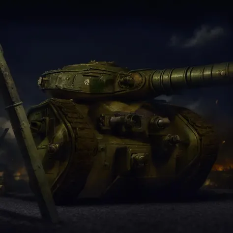 generate a stunning art style, a true [masterpiece] [best quality] of art. the image showcases [detailed linework], and, bringing to life a [dreading atmosphere, ], a leman russ tank on battle field, the armor is slightly damaged and the background is smokey, the tank tracks are clearly visiable on the sides of the tank, it has 1 long turret ontop of the tank. the background is a large battlefield with various destroyed and rusted tanks, smoke and clouds fill the sky with an occasional day break., <lora:Leman Russ:1>, <lora:add_detail:1>