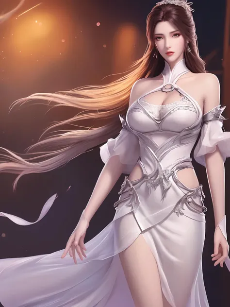4k ultra hd, masterpiece, very high quality, a girl, age 20 years old girl, good face, smooth face, detailed eyes, beautiful hair, very long hair, hair band, cute look, white party clothes, white dress, night club, party lighting, in the club, on the stage, whole body capture,