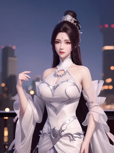 1girl, mature female,long dress, cityscape, looking at viewer, detached sleeves, hair ornament,forehead mark,cowboy shot,<lora:YUECHANwmsj_20230725102336:0.75>,high ponytail, metal trim,bra,see-through,