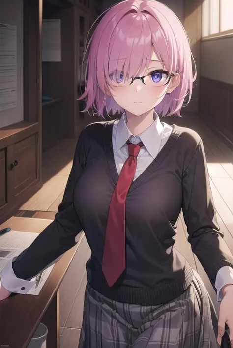 mashkyrielight, <lora:mashkyrielight-lora-nochekaiser:1>,
mash kyrielight, glasses, hair between eyes, hair over one eye, (purple eyes:1.1), pink hair, short hair,
BREAK hood, shirt, collared shirt, white collar, black shirt, necktie, red necktie,
BREAK looking at viewer,
BREAK indoors, classroom,
BREAK <lyco:GoodHands-beta2:1>, (masterpiece:1.2), best quality, high resolution, unity 8k wallpaper, (illustration:0.8), (beautiful detailed eyes:1.6), extremely detailed face, perfect lighting, extremely detailed CG, (perfect hands, perfect anatomy),