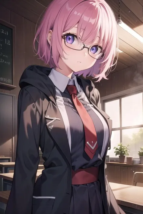 mashkyrielight, <lora:mashkyrielight-lora-nochekaiser:1>,
mash kyrielight, glasses, hair between eyes, hair over one eye, (purple eyes:1.1), pink hair, short hair,
BREAK hood, shirt, collared shirt, white collar, black shirt, necktie, red necktie,
BREAK looking at viewer,
BREAK indoors, classroom,
BREAK <lyco:GoodHands-beta2:1>, (masterpiece:1.2), best quality, high resolution, unity 8k wallpaper, (illustration:0.8), (beautiful detailed eyes:1.6), extremely detailed face, perfect lighting, extremely detailed CG, (perfect hands, perfect anatomy),