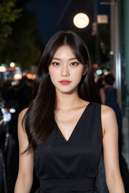 ((upper body:1.2)), nikon RAW photo, 8 k, long hair, Fujifilm XT3,masterpiece, best quality, realistic, photorealistic, ultra detailed, extremely detailed face, solo,1girl, standing, fashionable and trendy atmosphere, and a stylish expression on her face, close up, black dress, walking, at the dark streets, moonrise, sleeveless, fabric clothes, <lbm=FACES>