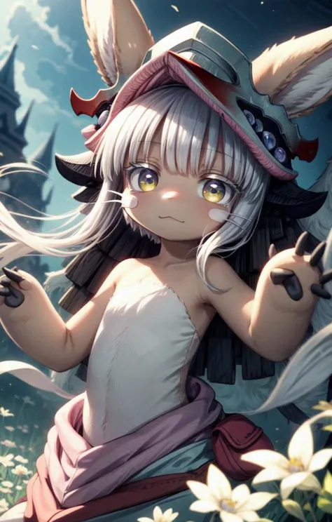 1 girl,cute,(looking at viewer:1.0), adorabel girl,cute face,details sky,handsome,young,juvenile,((masterpiece:1.4,best quality)),multiple details,eyeshadow, (full shot:1.6),
gradiant eyes,
lora:add_detail:0.8>, <lora:more_details:0.6>, white flower field
<lora:眼睛双_2:0.5>,
<lora:char-nanachi:1>,
solo, (furry:1.2), nanachi \(made in abyss\), nanachihat, nanachipants