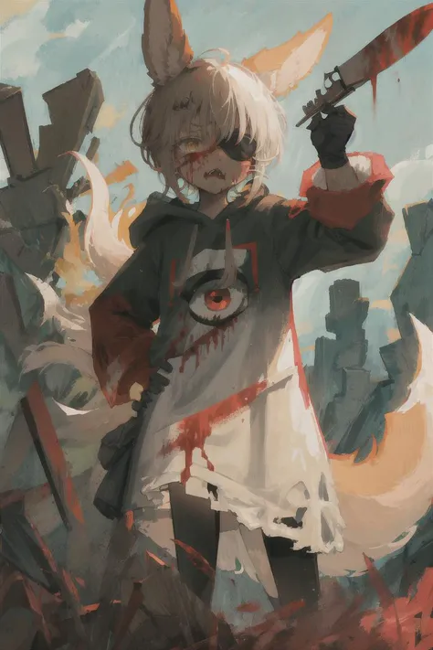 1girl, solo, furry, fluffy, brown fur, short hair, nanachi \(made in abyss\), animal ears, tail, yellow eyes, eye patch, left eye patch, scar on face, blood, blood on face, gore, hoodie, knife, blade, holding a knife, aiming at viewer, action pose, t-shirt, hand on hip, tattered clothing, patched clothing, tattered shirt, withered clothing >:), angry, mad, standing, looking at viewer, outdoors, city <lora:nanachiMadeInAbyss_charNanachi(6aafadc33864):1>