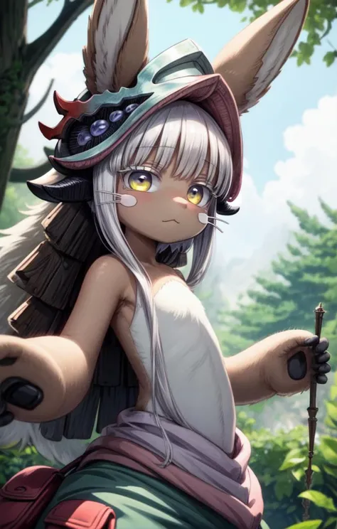1 girl,cute,(looking at viewer:1.0), adorabel girl,cute face,details sky,handsome,young,juvenile,((masterpiece:1.4,best quality)),multiple details,eyeshadow, (full shot:1.5),
gradiant eyes,
lora:add_detail:0.8>, <lora:more_details:0.6>, forest
<lora:眼睛双_2:0.5>,
<lora:char-nanachi:1>,
solo, (furry:1.2), nanachi \(made in abyss\), nanachihat, nanachipants