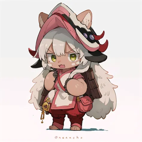 masterpiece, best quality, ultra-detailed, illustration, epic lighting, cinematic composition, isometric, 1girl, cute, (furry, furry female, fluffy:1.2), long gray hair, bangs, sidelocks, green eyes, angry, fangs, nanachipants, nanachihat, standing, looking at viewer, simple background, (8k:1.1), <lora:nanachiMadeInAbyss_charNanachi:1> <lora:korukoruno:1>
