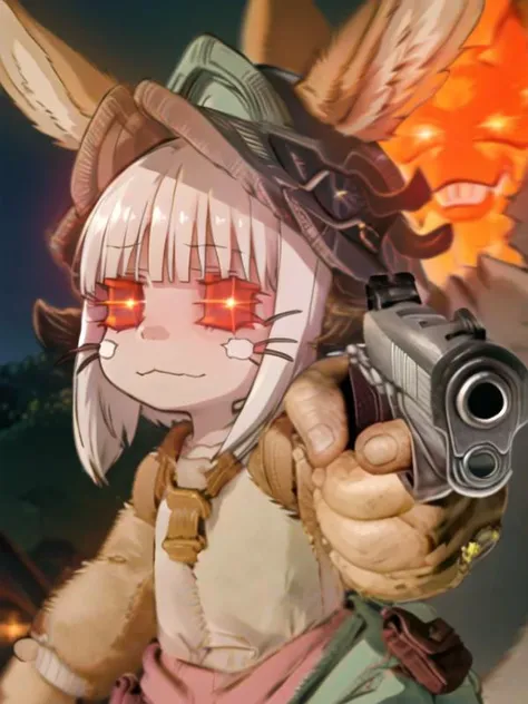 A girl holds a gun at a tourist spot with her naked breasts and pussy exposed、cool