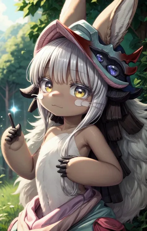 1 girl,cute,(looking at viewer:1.0), adorabel girl,cute face,details sky,handsome,young,juvenile,((masterpiece:1.4,best quality)),multiple details,eyeshadow, (full shot:1.5),
gradiant eyes,
lora:add_detail:0.8>, <lora:more_details:0.6>, forest
<lora:眼睛双_2:0.5>,
<lora:char-nanachi:1>,
solo, (furry:1.2), nanachi \(made in abyss\), nanachihat, nanachipants