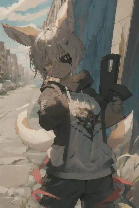 1girl, solo, furry, fluffy, brown fur, short hair, nanachi \(made in abyss\), animal ears, tail, yellow eyes, eye patch, left eye patch, scar on face, blood, blood on face, gore, hoodie, knife, blade, holding a knife, aiming at viewer, action pose, t-shirt, hand on hip, tattered clothing, patched clothing, tattered shirt, withered clothing >:), angry, mad, standing, looking at viewer, outdoors, city <lora:nanachiMadeInAbyss_charNanachi:1>