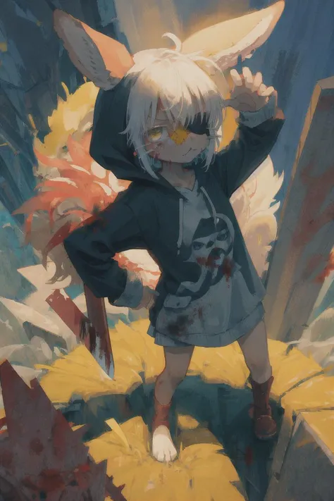 1girl, solo, furry, fluffy, brown fur, short hair, nanachi \(made in abyss\), animal ears, tail, yellow eyes, eye patch, left eye patch, scar on face, blood, blood on face, gore, hoodie, knife, blade, holding a knife, aiming at viewer, action pose, t-shirt, hand on hip, tattered clothing, patched clothing, tattered shirt, withered clothing >:), angry, mad, standing, looking at viewer, outdoors, city <lora:nanachiMadeInAbyss_charNanachi:1>