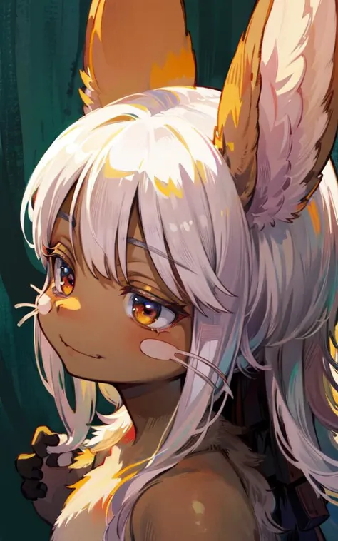 beautiful, masterpiece, best quality, extremely detailed face, perfect lighting, smirk, smug expression, white hair, paws, fur, furry, fluffy, nanachi \(made in abyss\)
