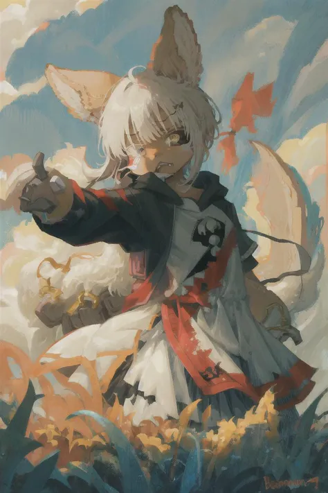 1girl, solo, furry, fluffy, brown fur, short hair, nanachi \(made in abyss\), animal ears, tail, yellow eyes, eye patch, left eye patch, scar on face, hoodie, gun, pistol, Glock, holding weapon, aiming at viewer, action pose, t-shirt, hand on hip, tattered clothing, patched clothing, tattered shirt, withered clothing >:), angry, mad, standing, looking at viewer, outdoors, city <lora:char-nanachi:1>
