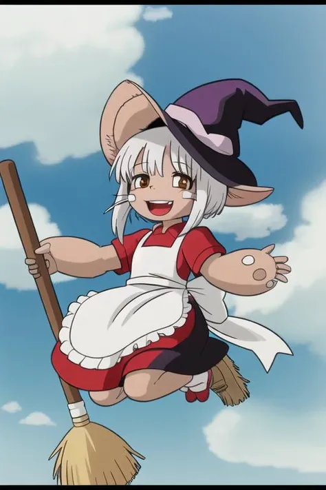 Nanachi, witch hat, apron, broom, jump, whiskers, happy, sky, clouds <lora:nanachiMadeInAbyss_charNanachi:1> <lora:studioGhibliStyle_offset:0.85>