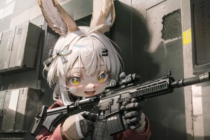 ((masterpiece, best quality, game cg)), alley, indoors, industrial pipe, air conditioner, dark lighting, garbage, garbage bin, face focus, portrait, avatar, fluffy, :D, cute, 1girl, solo, furry, (nanachi \(made in abyss\):1.3), looking at viewer, smile, forest background, tactical clothes, moonlight, blue glow, halo, gun, h&k hk416, carbine, holding weapon, assault rifle, aiming at viewer