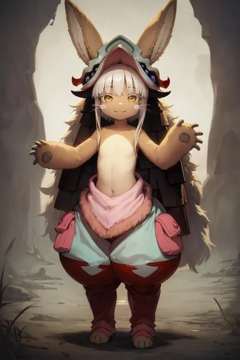 1girl, solo, furry, nanachi \(made in abyss\), nanachihat, nanachipants, standing, looking at viewer, smile <lora:char-nanachi:1>