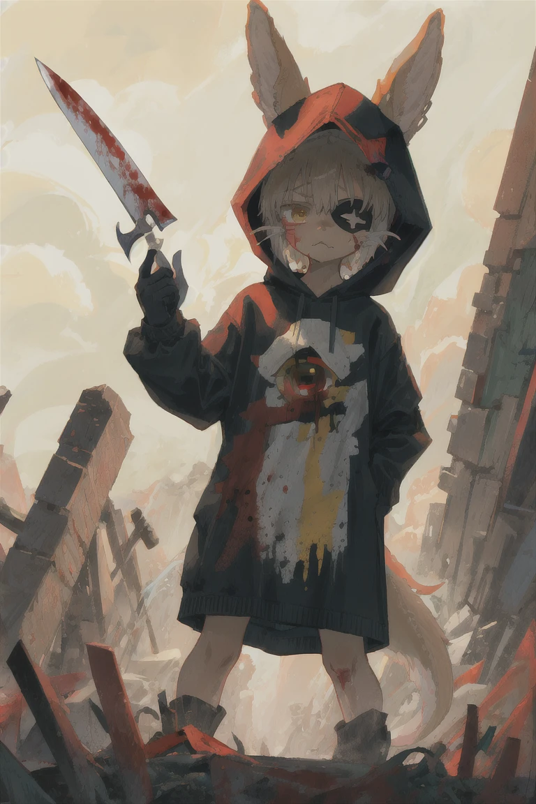 1girl, solo, furry, fluffy, brown fur, short hair, nanachi \(made in abyss\), animal ears, tail, yellow eyes, eye patch, left eye patch, scar on face, blood, blood on face, gore, hoodie, knife, blade, holding a knife, aiming at viewer, action pose, t-shirt, hand on hip, tattered clothing, patched clothing, tattered shirt, withered clothing >:), angry, mad, standing, looking at viewer, outdoors, city <lora:nanachiMadeInAbyss_charNanachi:1>