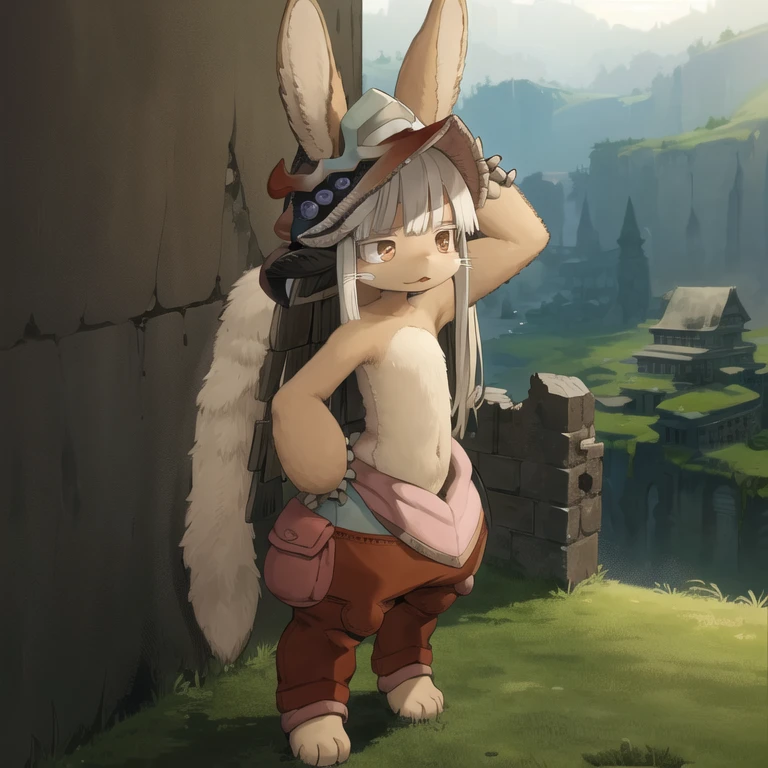 masterpiece , long shot , <lora:nanachiMadeInAbyss_charNanachi:1>,<lora:epiNoiseoffset_v2:1> ,1 girl , solo, furry , nanachi \(made in abyss\) , nanachihat, nanachipants , standing , background of golden ruin, , highquality ,