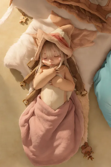 Nanachi, Made in abyss, furry, hat, fur, from above, sleeping, futon, blanket, <lora:nanachiMadeInAbyss_charNanachi:1>