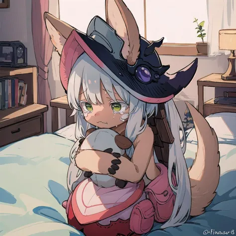 masterpiece, best quality, ultra-detailed, illustration, epic lighting, cinematic composition, isometric, 1girl, cute, chibi, (furry, furry female, fluffy:1.2), long gray hair, bangs, sidelocks, green eyes, fangs, animal ears, tail, nanachipants, nanachihat, crying, sad, half-closed eyes, (closed mouth:1.1), tears, looking away, hugging one eyed stuffed animal, bedroom, bed, (8k:1.1), <lora:nanachiMadeInAbyss_charNanachi:1> <lora:korukoruno:0.5>