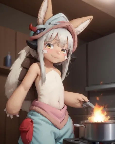 cooking, fire, <lora:char-nanachi:1> ,1girl, solo, furry, nanachi \(made in abyss\), nanachihat, nanachipants, standing, looking at viewer, smile, animal ear