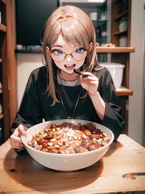 <lora:nut-14:1>1girl, glasses, looking down, :D, nut, bowl, table, masterpiece, best quality