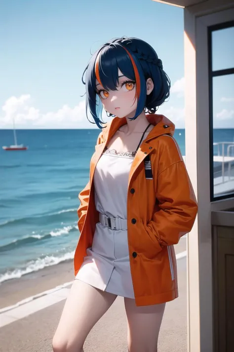 1girl, solo,(intricate blue hair,streaked hair,shaggy cut,french braid:1.2),(orange eyes:1.1),(yacht,sea side:1.2),Streetwear outfit,sporty fashion <lyco:Clothing_brand:0.6>