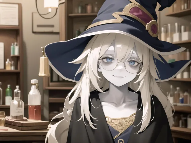 best quality,8k wallpaper,(1 girl:1.1),(solo:1.3),
(flat chest:1.0),standing,(upper body:1.1),
(witch hat,witch robe:1.3),(smirk,closed mouth:1.2),(pale skin:1.0),(skinny:1.2),
(intricate platinum blond hair:1.2),(sky blue eyes,:1.1),glasses,round eyewear,Bags under eyes,(red eye liner:1.1),
(tousled, disarray, cluttered,colorful potion bottle,toys,lamp,cozy atmosphere,Preparation of medicinal herbs,antique shop:1.5)
dynamic angle, <lyco:LECO_LessMuscularity:1.2> <lyco:leco_pale_skin_last:-0.6> <lyco:Bags_under_eyes:0.7> <lyco:round_eyewear:1.0>