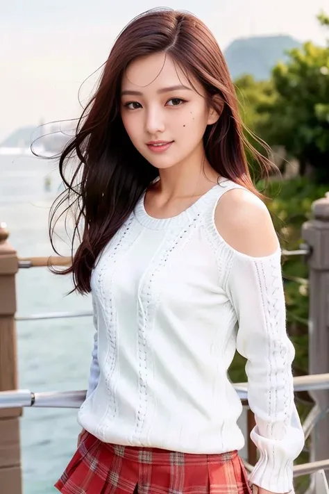 (skin blemish:1.2), (skindentation), black eye, 1woman, 25yo, (((woman))), solo, realistic, best quality, photorealistic, masterpiece, 8k, high res, solo, extremely detailed face, (professional lighting, bokeh), (light particles, lens flare, glowing particles:0.6), (dynamic pose:1.2), soft lighting, top angle view, fashionable and trendy atmosphere, hongkong, street, city, harbour, ((daytime)), sky, ((looking at the viewer:1)), (looking at the camera),(portrait:0.6), cowboy shot, gorgeous, standing, keep original facial proportion, wide shoulder, full body, (small breast), (medium hair), brown hair, floating hair, lips, lipstick, seductive smile, floating hair, smile, open_mouth, teeth, (sleeves less white blouse), (jumper skirt), eyelashes, mole, (mole under eye:1), <lora:MandyT:0.8>