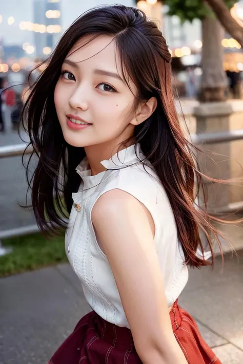 (skin blemish:1.2), (skindentation), black eye, 1woman, 25yo, (((woman))), solo, realistic, best quality, photorealistic, masterpiece, 8k, high res, solo, extremely detailed face, (professional lighting, bokeh), (light particles, lens flare, glowing particles:0.6), (dynamic pose:1.2), soft lighting, top angle view, fashionable and trendy atmosphere, hongkong, street, city, harbour, ((daytime)), sky, ((looking at the viewer:1)), (looking at the camera),(portrait:0.6), cowboy shot, gorgeous, standing, keep original facial proportion, wide shoulder, full body, (small breast), (medium hair), brown hair, floating hair, lips, lipstick, seductive smile, floating hair, smile, open_mouth, teeth, (sleeves less white blouse), (jumper skirt), eyelashes, mole, (mole under eye:1), <lora:MandyT:0.8>