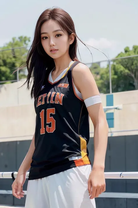 (skin blemish:1.2), (skindentation), black eye, 1woman, 25yo, (((woman))), solo, realistic, best quality, photorealistic, masterpiece, 8k, high res, solo, extremely detailed face, (professional lighting, bokeh), (light particles, lens flare, glowing particles:0.6), (dynamic pose:1.2), soft lighting, top angle view, fashionable and trendy atmosphere, japan, street, tokyo, basketball playground, ((daytime)), sky, ((looking at the viewer:1)), (looking at the camera),(portrait:0.6), cowboy shot, gorgeous, standing, keep original facial proportion, wide shoulder, full body, (small breast), (medium hair), brown hair, floating hair, lips, lipstick, seductive smile, floating hair, smile, open_mouth, teeth, hoodie, sport wear, basketball jersey, t-shrit, sport shorts, woman basketball player wear, long dress, flowery print summer dress, eyelashes, mole, (mole under eye:1), <lora:MandyT:0.8>